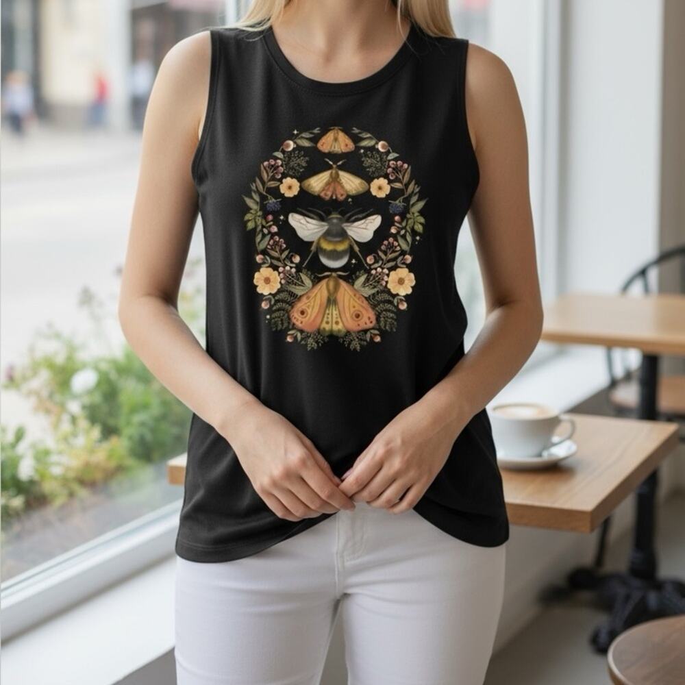 Boho Bee & Moth Graphic Tank Top Black Sleeveless Nature Festival Cottagecore